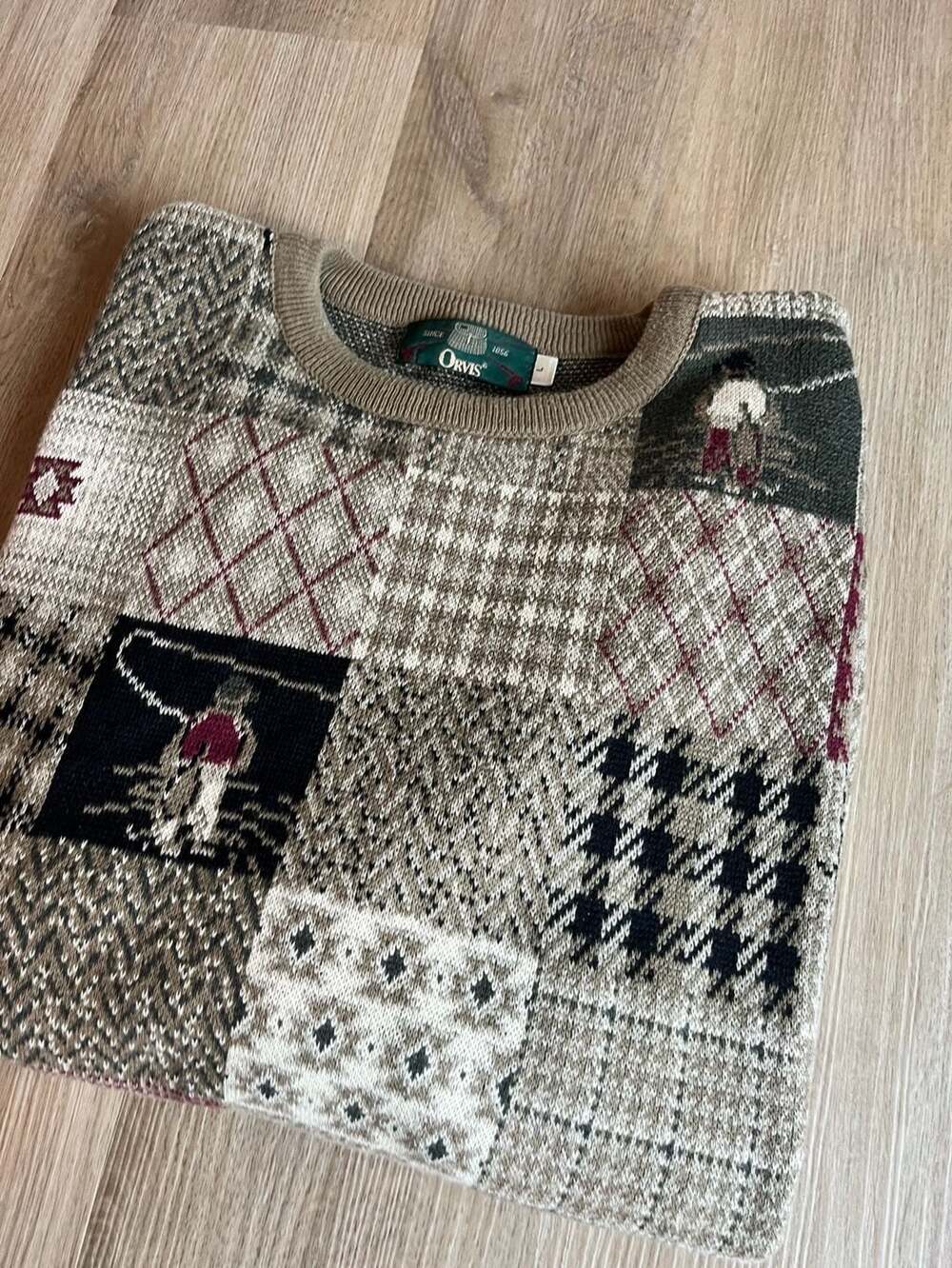 Orvis, Vintage Outdoor Fishing Patchwork Knit Sweater, Gorpcore, Grandpacore,L
